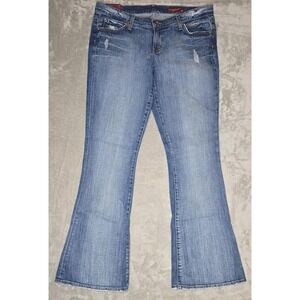 Blue 2 Flare leg Jeans Women's Low Rise Medium Wash Stretch Distressed 33